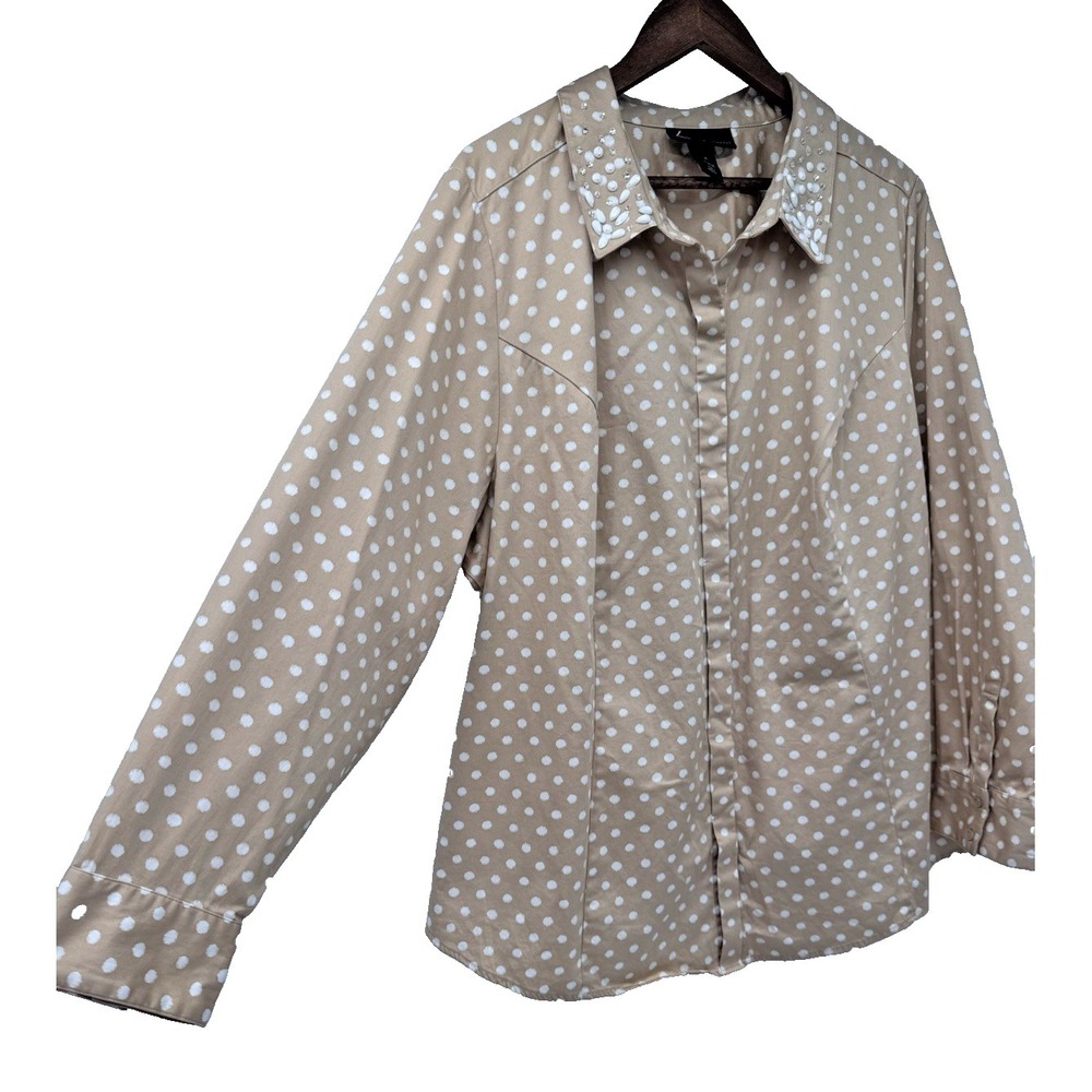 Lane Bryant 26 Hidden Button Tan White Polka Dot rhinestone jewel collar long